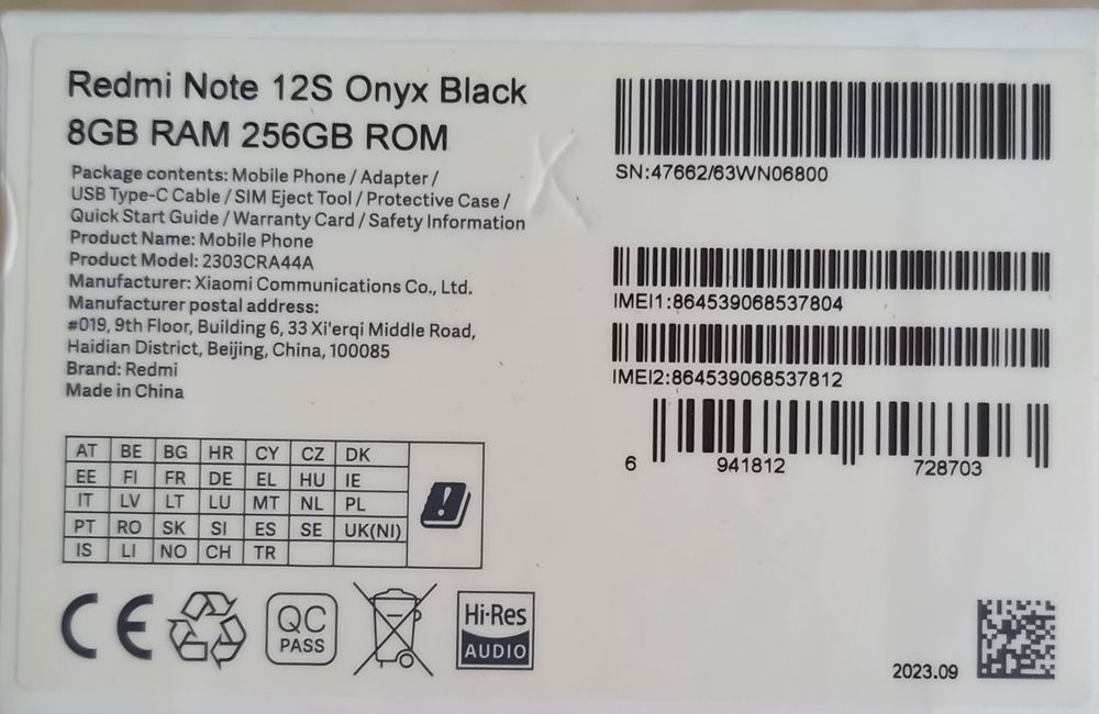 Redmi note 12s 8/256 qora