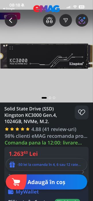 SSD Kingston KC3000 1024GB PCI Express 4.0 x4 M.2 2280