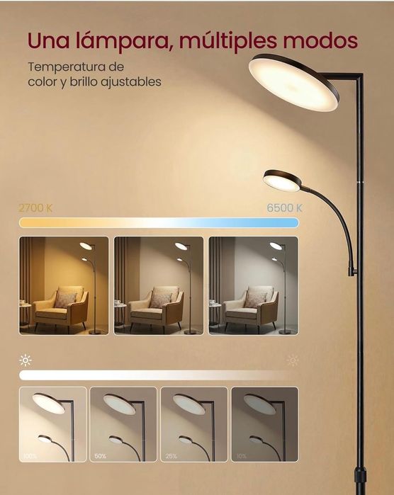 LED подова лампа VASAGLE , регулируема височина, 42W, въртяща се глава, таймер и дистанционно