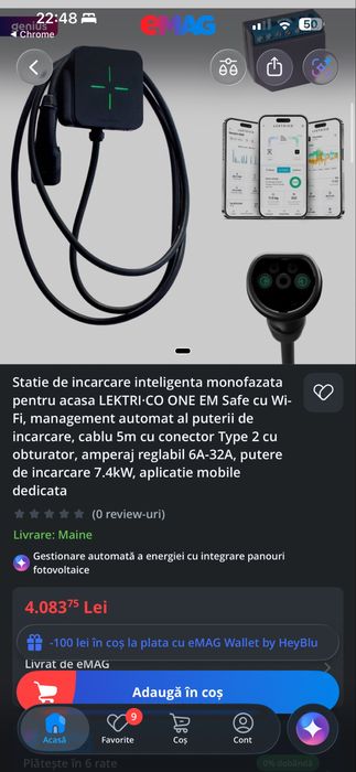 Statie se incarcre lektri.co monofazat 7.4kwh, smart, incarcare din panouri fotovoltaice