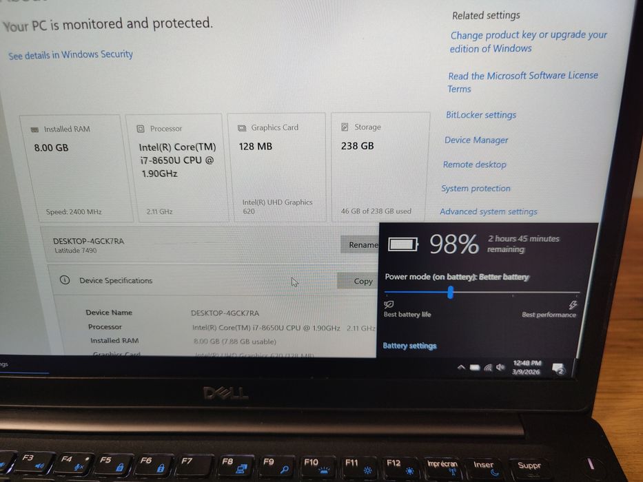 Dell i7 8650u 8gb 240gb 7490 laptop