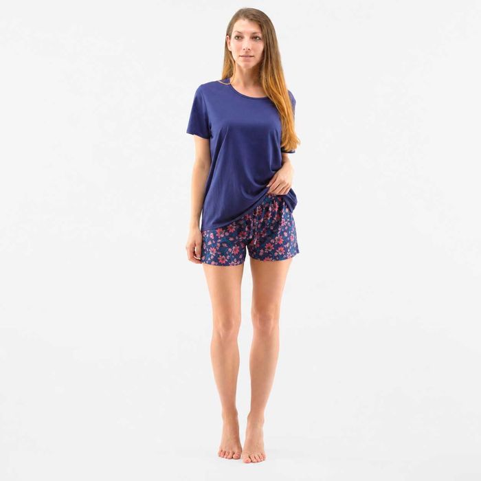 Gina Pijama dama din bumbac, tricou cu maneca scurta si pantaloni scurti cu imprimeu floral, albastru, marimea S