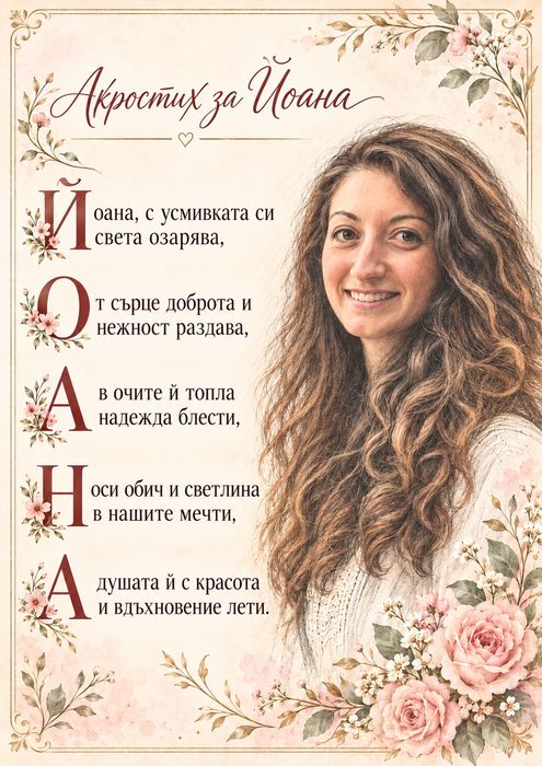 Акростих  с портрет в рима с ИМЕ  със скрито послание,  персонализирана картичка