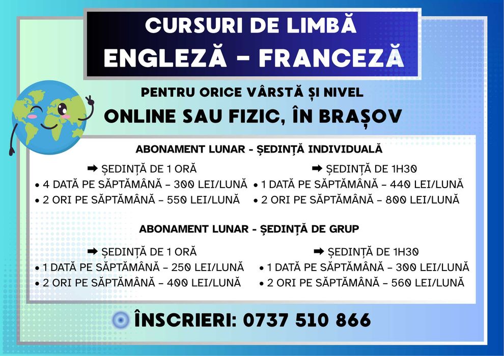 Cursuri de limbă Engleză / Franceză - de la 50 de lei/ședintă