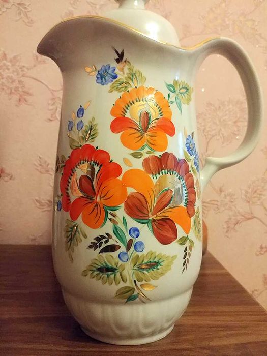 Новый большой кувшин с крышкой и 6 бокалов Барановка. Ручная роспись