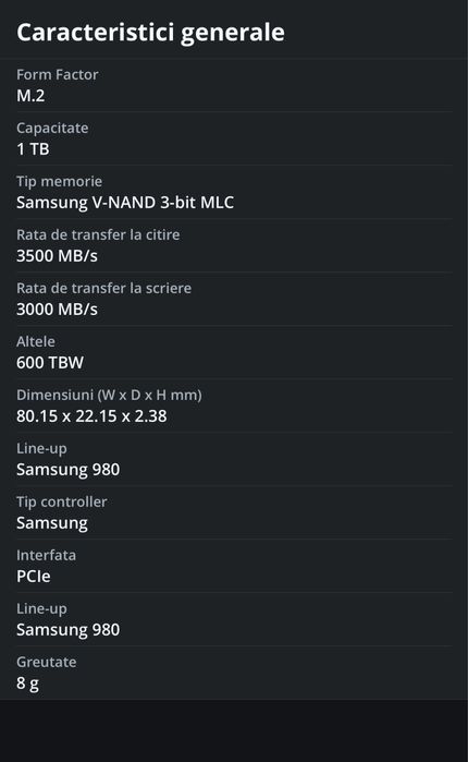 Solid State Drive (SSD) Samsung 980 1TB, NVMe, M.2.