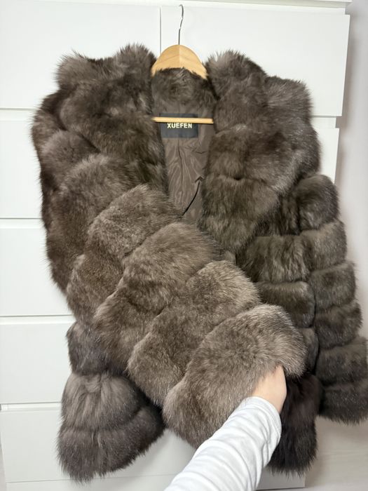 Haina de blana de vulpe maro midi cu cordon din piele