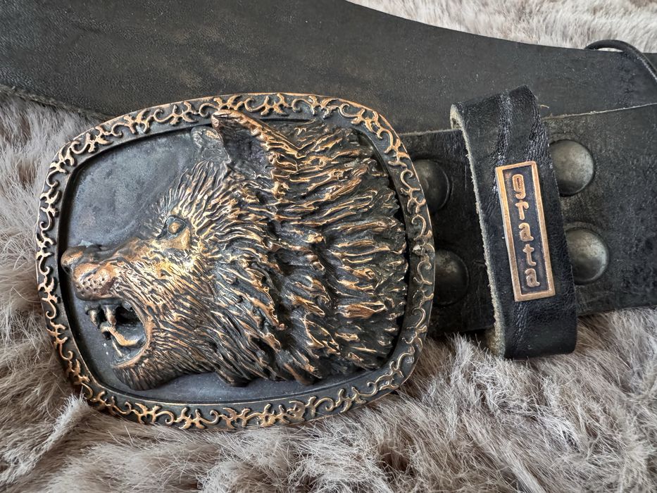 Curea piele naturală - GRATA, cataramă cap lup, unică