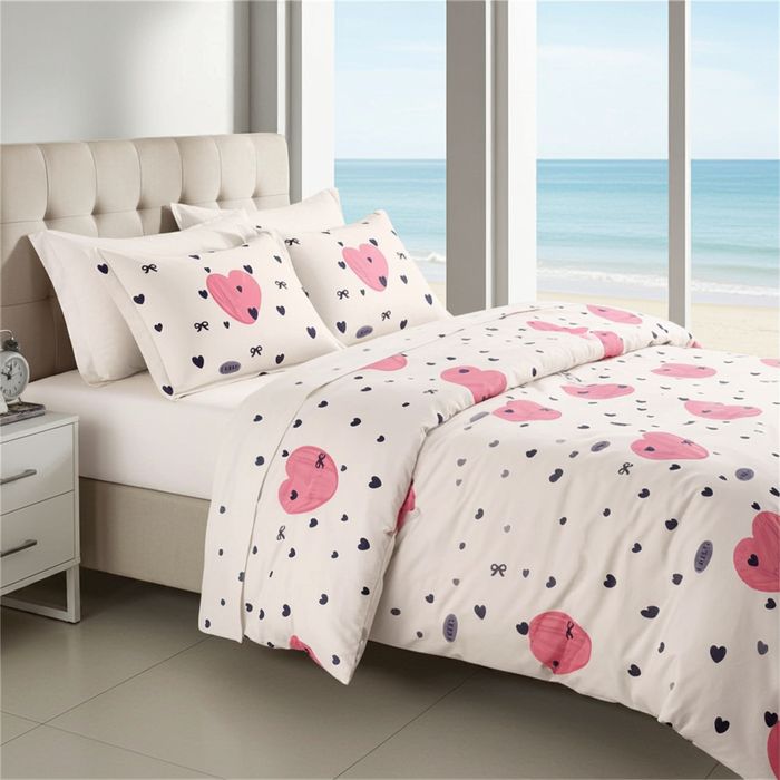 Lenjerie De Pat Maiden Xc115, Bumbac, 4 Piese, Cu Elastic, Alb, Roz