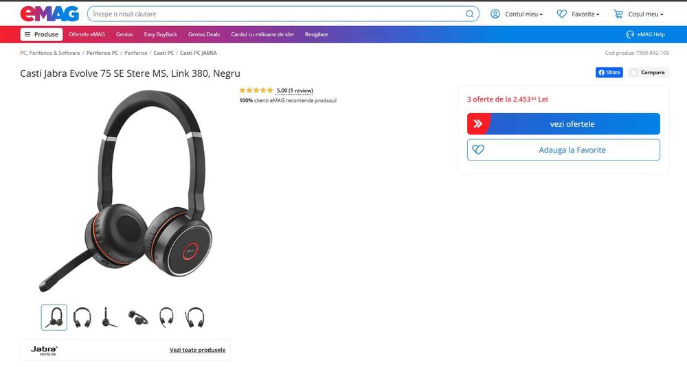 Casti Jabra Evolve 75 SE Stere MS, Link 380, Negru