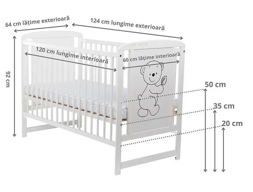 Pătuț bebe BabyNeeds Timmi 120x60 cm + Saltea 10 cm + Protecții pat