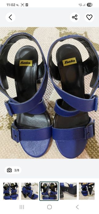 Обувки висок ток червени, сини Bata, сребристи сандали - естествена ко