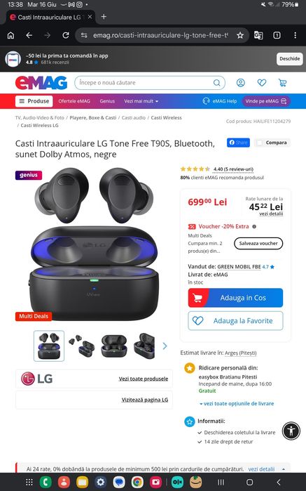 Casti wireless LG Tone Free T90S, Dolby Atmos, ANC,