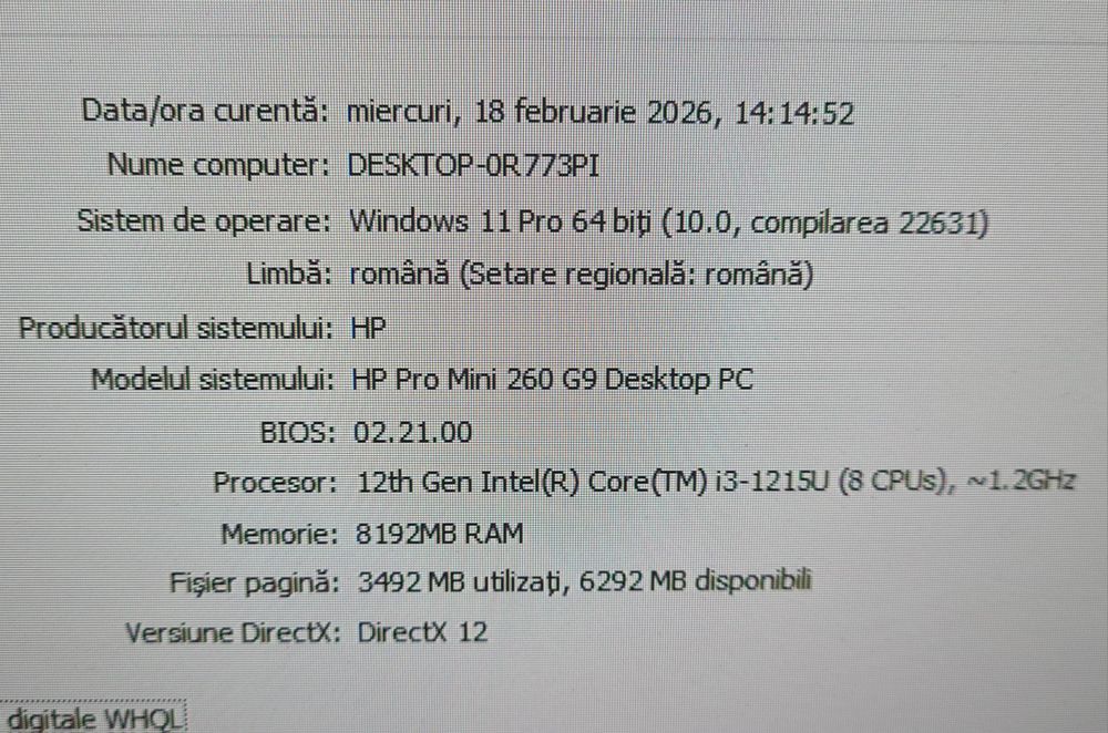 Mini PC HP Pro 260 G9 i3 1215U, 8 GB DDR4, ssd 256 GB