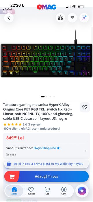 [SIGILAT] Tastatura gaming mecanica HyperX Alloy Origins Core PBT RGB TKL, switch HX Red - Linear, soft NGENUITY, 100% anti-ghosting, cablu USB-C deta