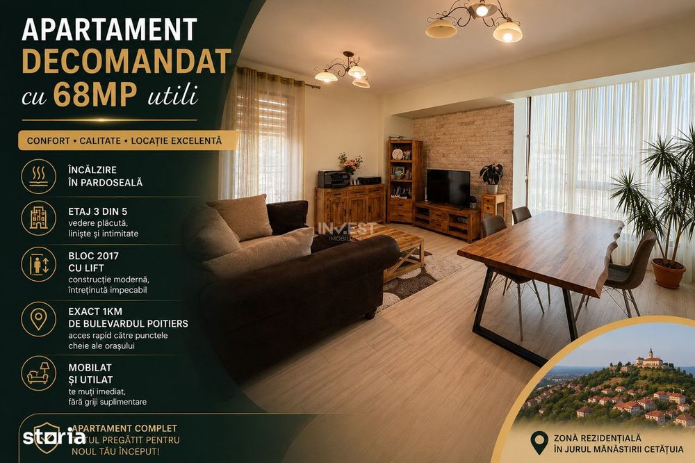 Apartament mobilat 68 MP Utili - etaj intermediar cu lift - zona Cetat — fotografia 3