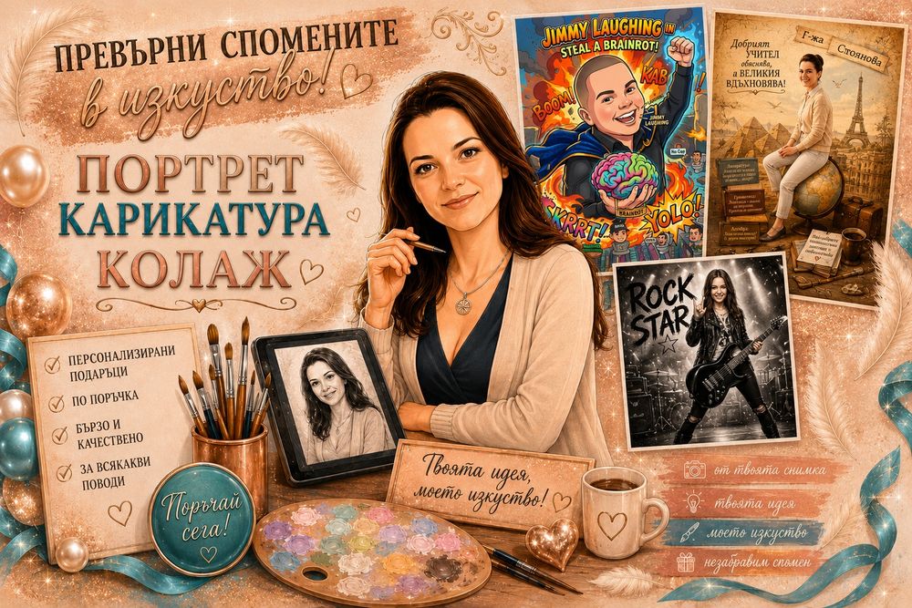 Карикатури, колажи, портрети, персонализирани по снимка за юбилей, бал, рожден ден, годишнина. Стилни или закачливи. Емоция до съвършенство.