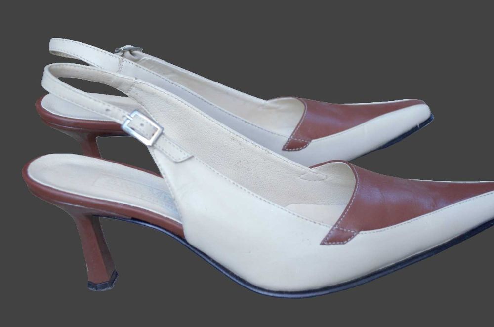 Pantofi piele naturala, decupati la spate, bej cu maro, 40