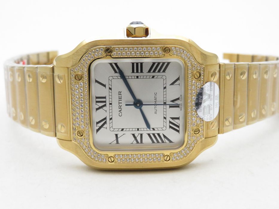 Cartier Santos de Cartier 35mm дамски - жълто злато, диаманти, бял циферблат - QC снимки