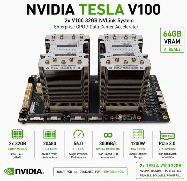 NVIDIA Tesla V100 64GB NVLink (2×32GB) AI Workstation / LLM / CUDA / Enterprise