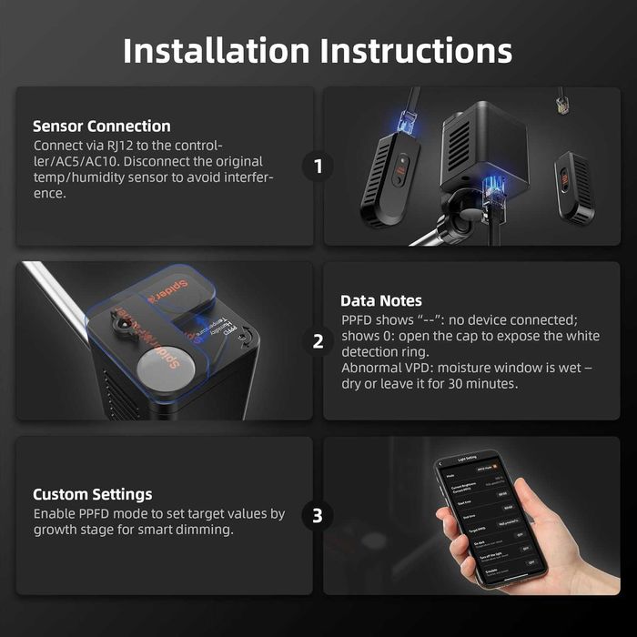 Senzor 4 in 1 Spider Farmer GGS Sensor Pro Kit Monitorizare VPD PPFD CO2 Temperatura Umiditate Control Precizie Grow Tent Agricultura Indoor Nou