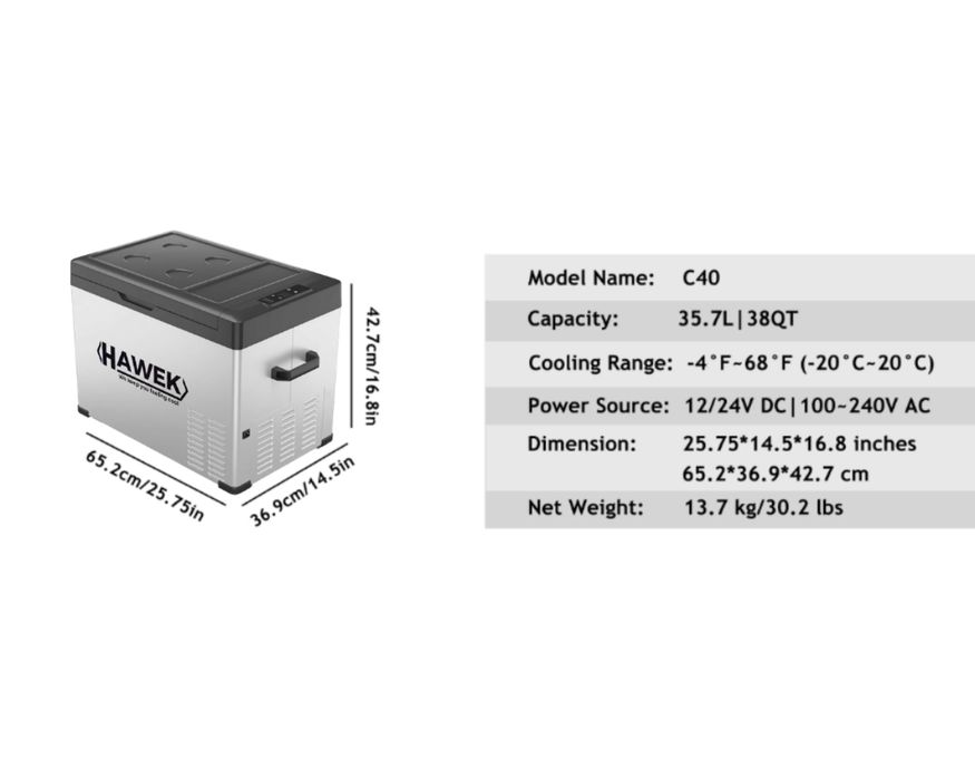 Портативен компресорен хладилник HAWEK 40L – 12V / 24V / 220V | Охлаждане и замразяване навсякъде , модел: С40