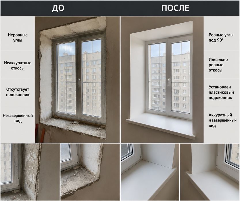 Делаем откосы под 90°градусов и установка подоконников