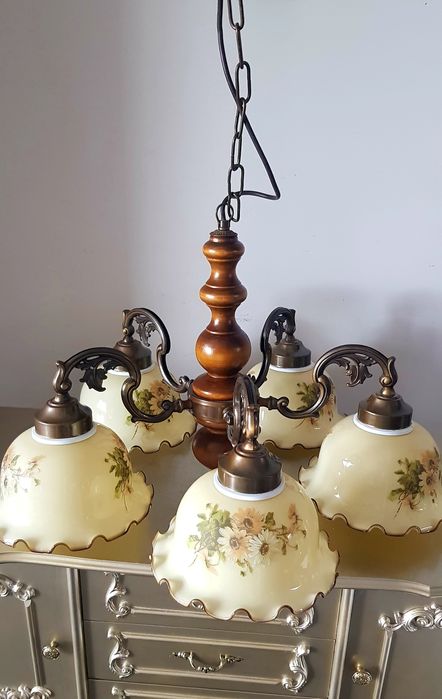 Candelabru/veioze vechi din bronz ceramică și lemn
