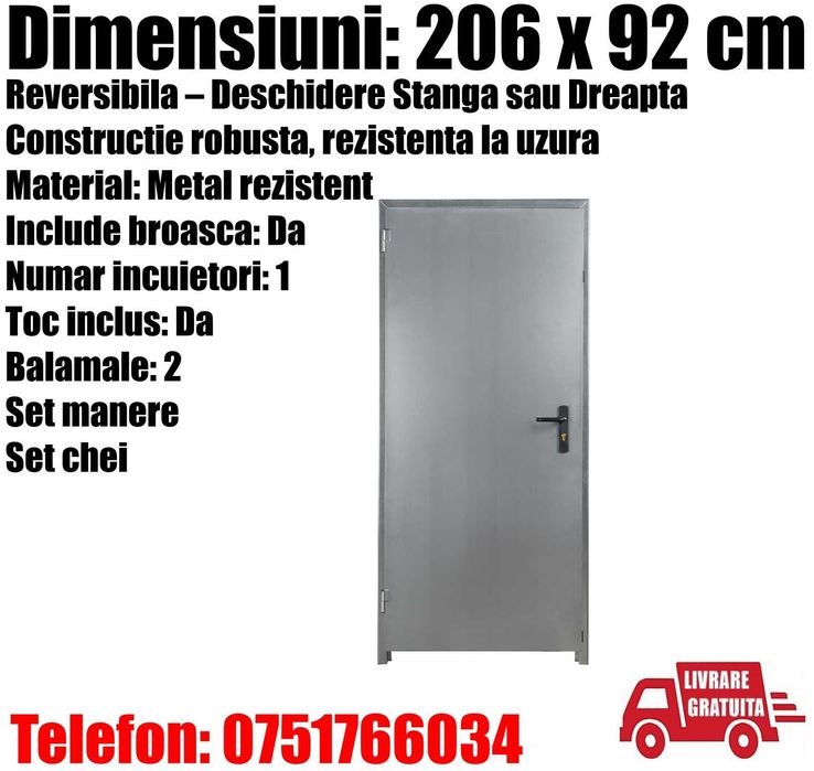 Usa Intrare Metalica Reversibila Stanga Dreapta Birou Sediu Camera Tehnica Beci Depozit Santier Magazie Serviciu 206x92cm + LIVRARE GRATUITA ! IS