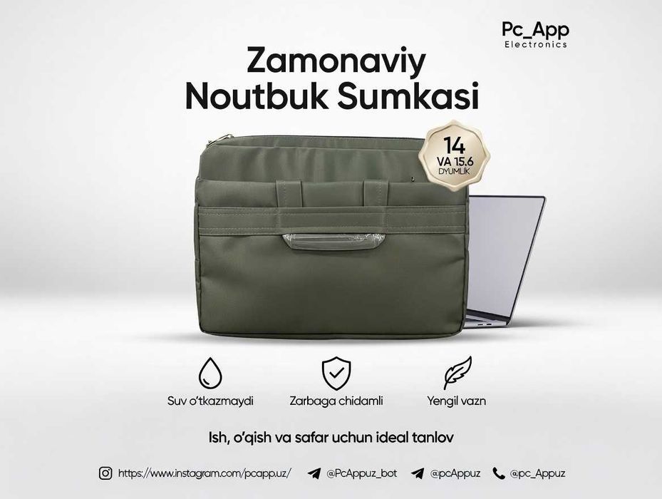 Noutbuk sumka 14″–15.6″, sifatli va mustahkam