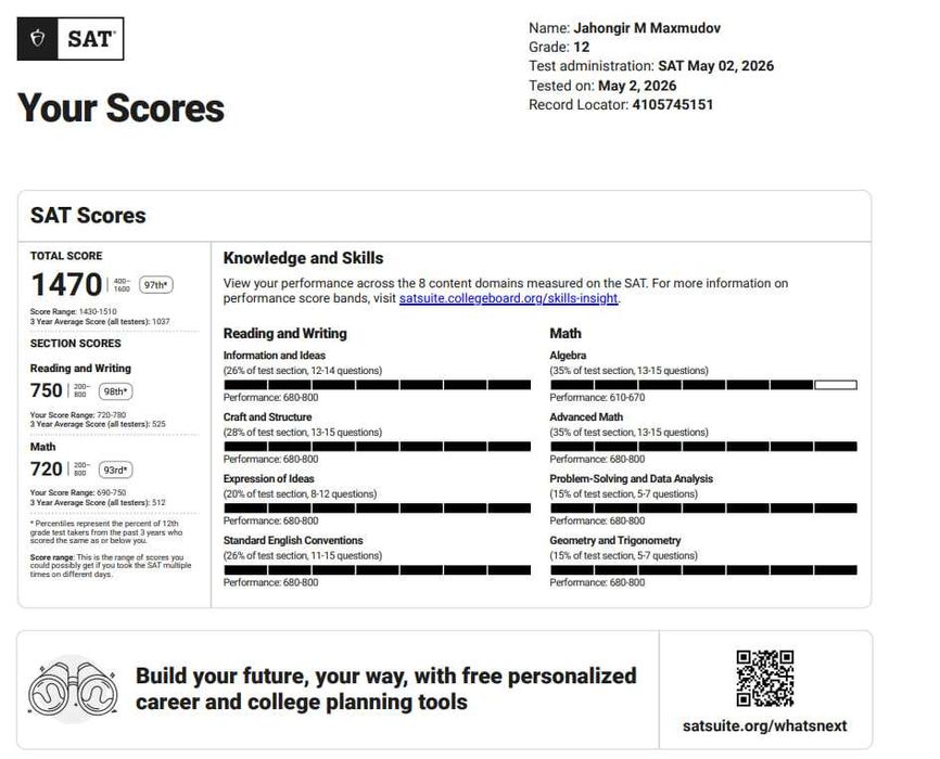 SAT 1520 | IELTS 7.5 | Individual 1-on-1 darslar