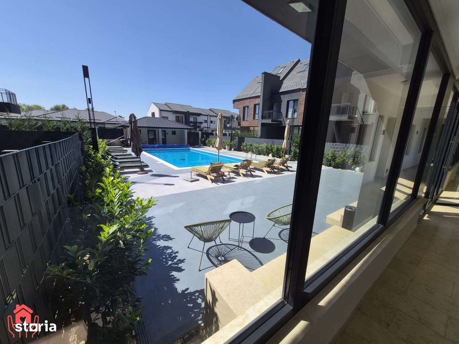 Tunari-PRIMA LOCUIRE, 3 camere curte, piscina exterioara, mobilat luxu