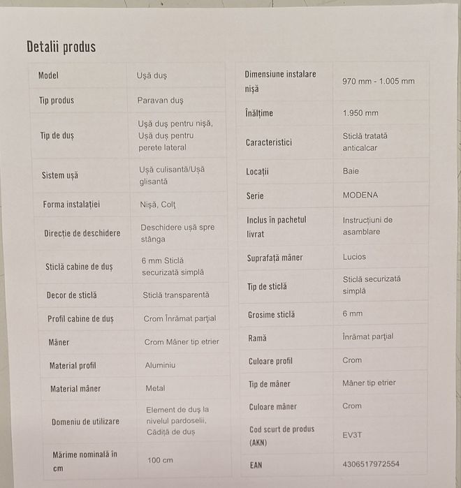 Cabina de Dus / Ușă Glisanta