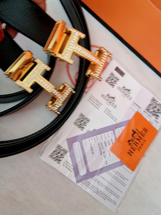 Curea reglabila piele naturala Hermes, insertii strass, saculet, etichetă