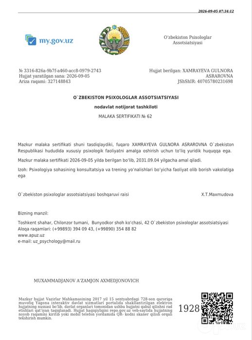 Малакали психолог. Аккредитацияланган Гештальт терапевт.