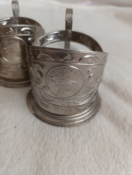 Set 4 suporturi pahar ceai Podstakannik argintate, URSS 1967 – Hidrocentrala Zaporojie / DniproHES