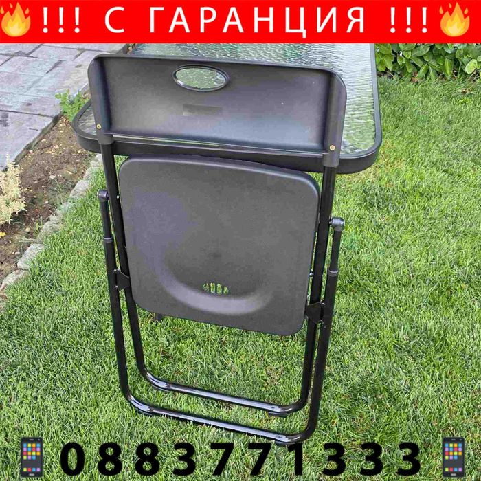 НЕМСКА Квадратна Маса Със Стъкло + 4 Сгъваеми Стола – 60 см +ЛЕД ФЕНЕР