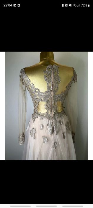 Rochie lunga RHEA COSTA gri argintie crem cu dantela si tulle