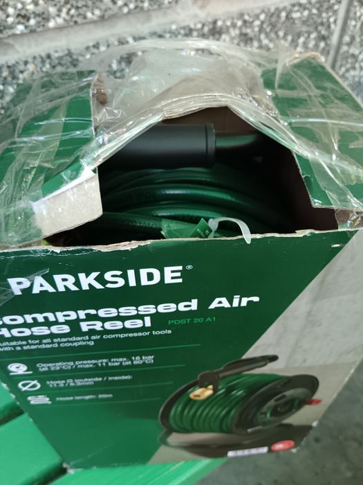 Нова макара с маркуч за сгъстен въздух Parkside PDST 20 A1
​Описание:Нова макара с маркуч за сгъстен въздух Parkside PDST 20 A1 (20 метра, 16 bar)