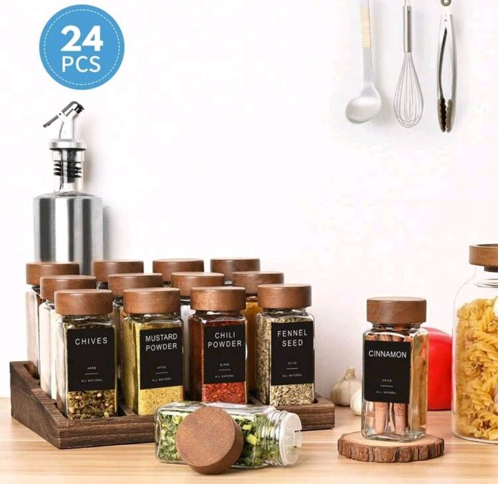 Стъклени буркани за подправки с етикет, 24 броя