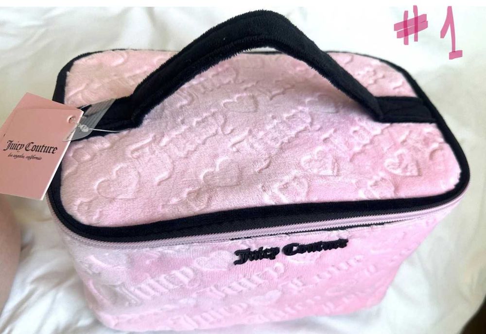 Оригинал JUICY COUTURE Розова Велурена Козметична Чанта/Несесер Голяма НОВИ с Етикет Избери!