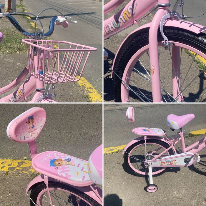 Bicicletă fetițe 7-10 ani, 20”, roți ajutătoare, coș/portbagaj metalic
