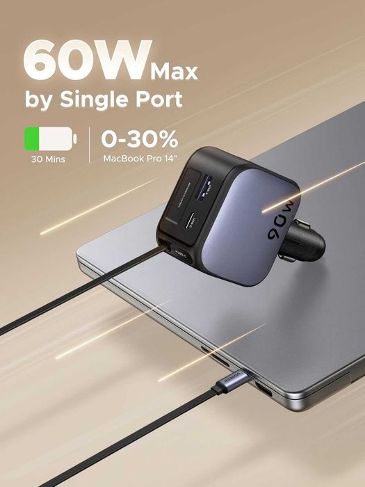 UGREEN 90W USB зарядно, с интегриран прибиращ се кабел