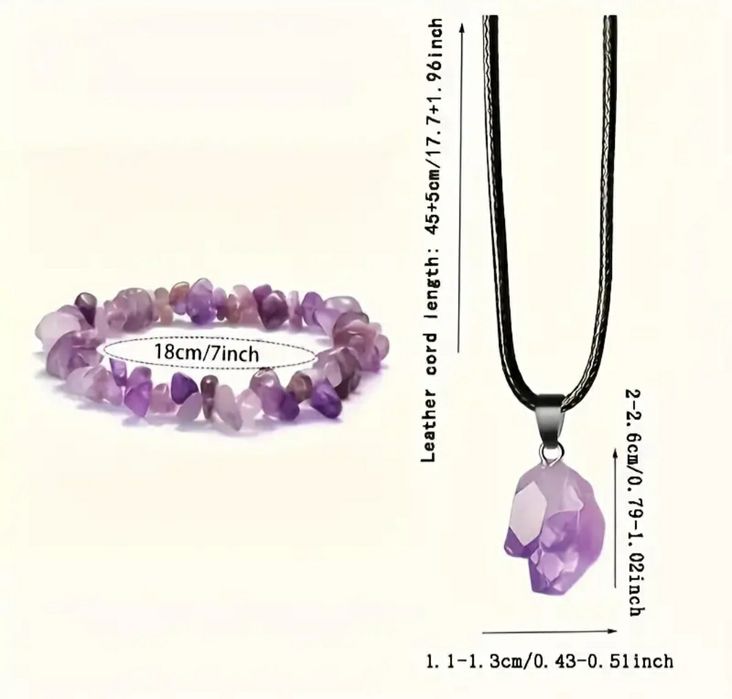 Комплект бижута естествен камък аметист - Колие с висулка и гривна