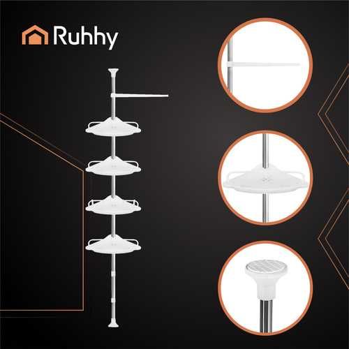 Ъглова етажерка за душ, с регулируема височина, 4 рафта, куки, Ruhhy