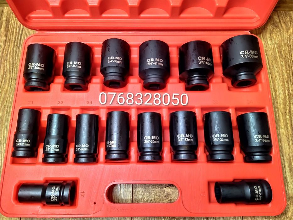 Set tubulare impact 3/4″ – 16 piese + cutie robustă