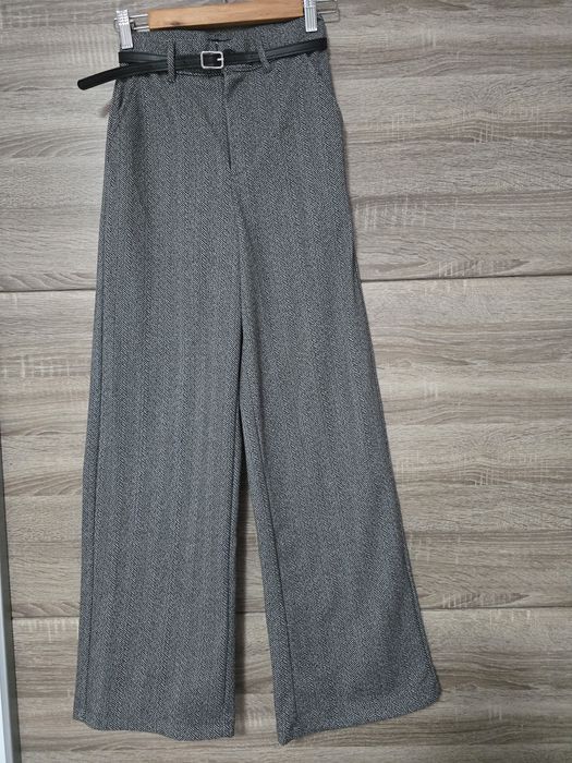 Широк зимен панталон с колан,сиво,черно