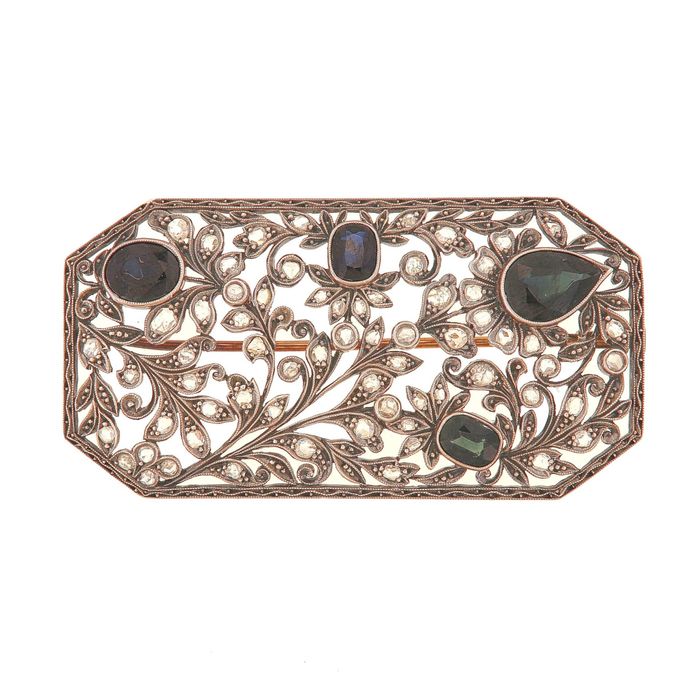 Brosa din aur galben 18k si argint, cu diamante naturale si safire