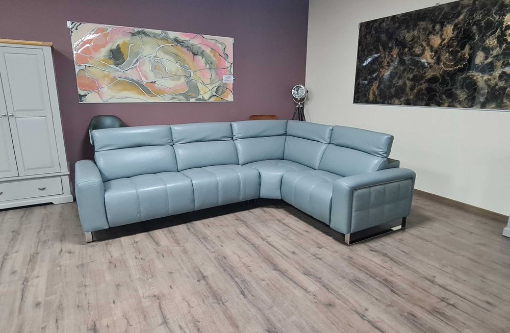 Сиво - син кожен ъглов диван "Marvella"