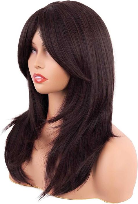 Синтетична тъмно кафява перука - 55 см с бретон и зиг-заг път